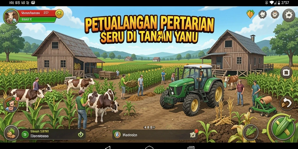 Tampilan gameplay <strong>2757</strong> dengan ladang yang subur dan hewan peliharaan yang lucu.