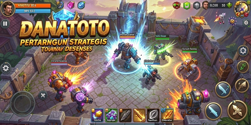 Tangkapan layar gameplay <strong>DANATOTO</strong> menampilkan menara dan gelombang musuh yang mendebarkan.