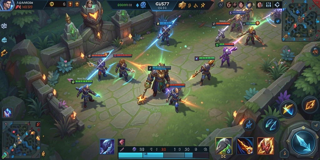 Tangkapan layar gameplay GUS77 dengan karakter yang bertarung di arena.