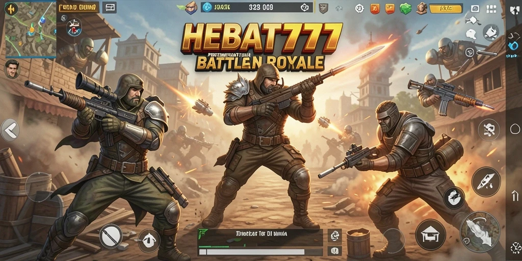 Screenshot utama HEBAT777 menampilkan aksi seru di medan perang Battle Royale.