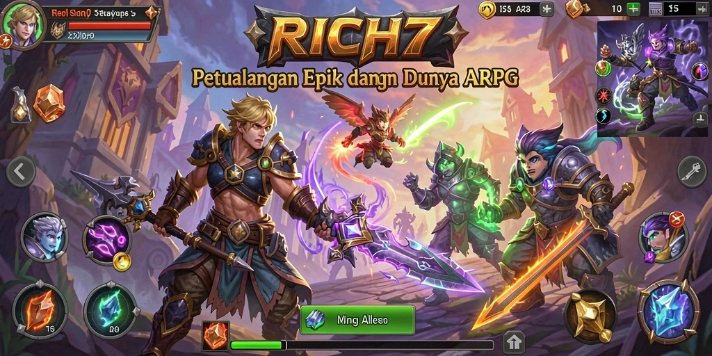 Screenshot gameplay RICH7 menampilkan pertarungan seru dengan efek visual yang memukau.