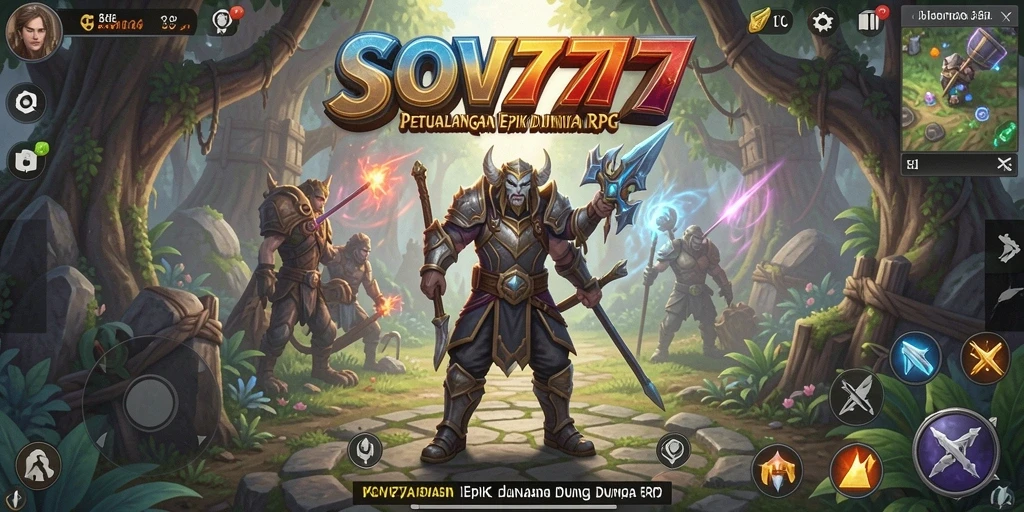 Screenshot utama SOV777 menunjukkan karakter dalam pertempuran epik di dunia fantasi.
